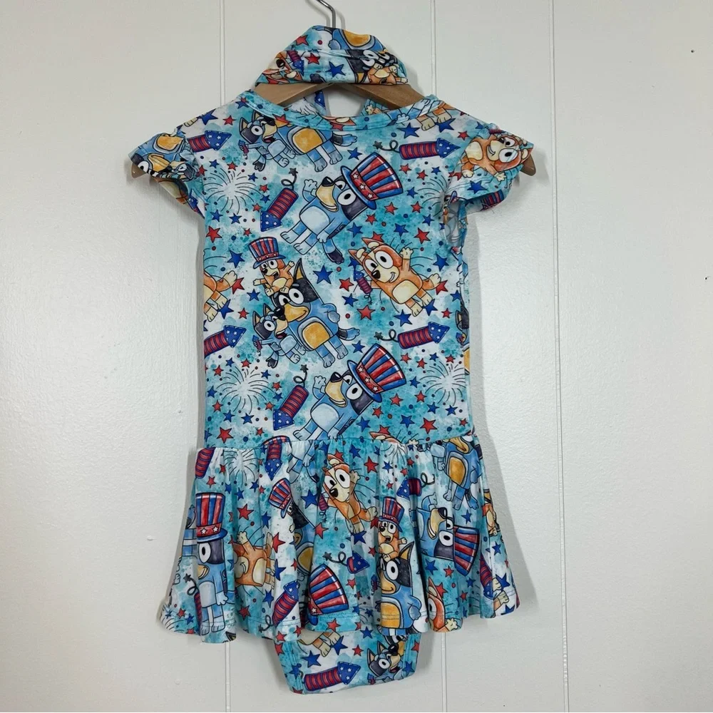 Charlie’s Project Kids Bluey Fireworks Fourth of July Bamboo Twirl Dress & Bow